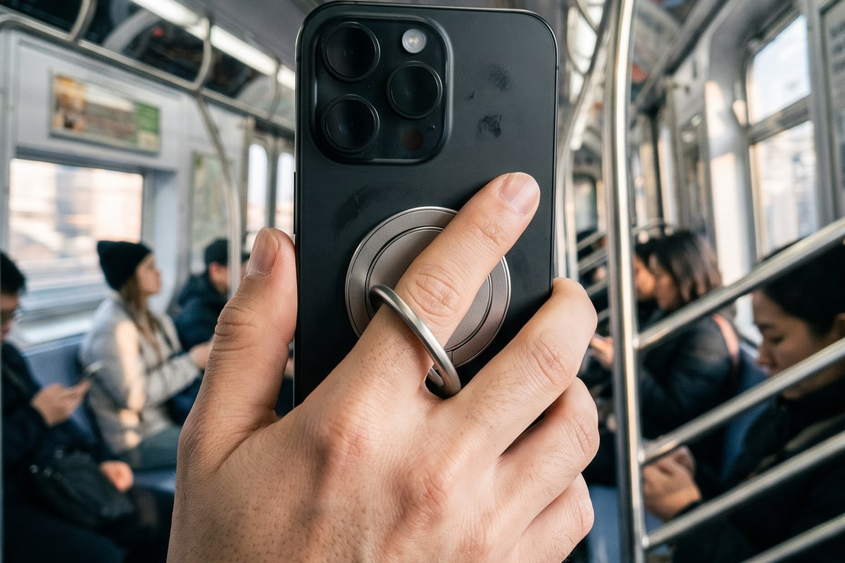 A hand holding a phone by the ring grip on a moving subway, background blurred with motion.