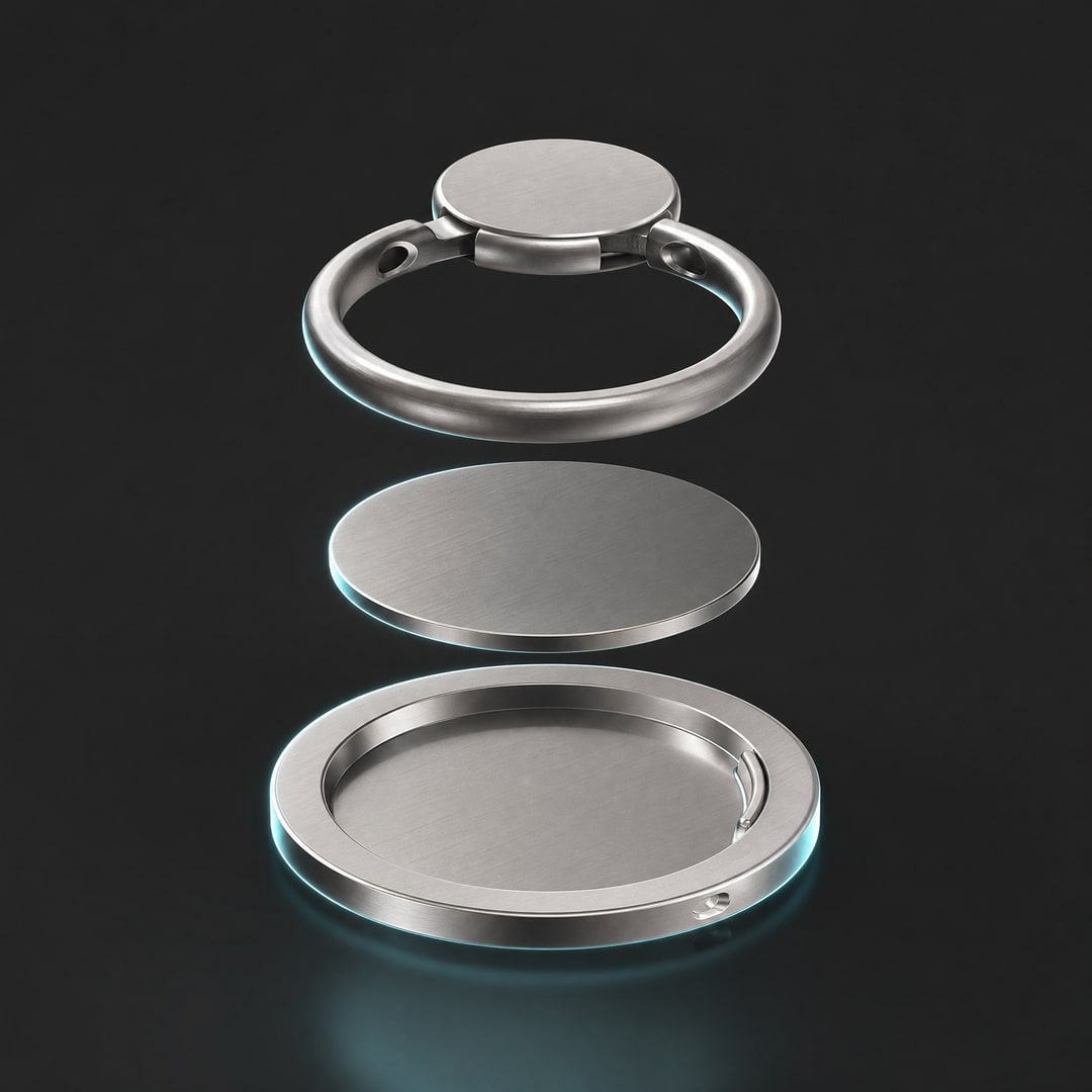 The holder’s hinge, magnet disc, and ring shown in detail on a dark surface.